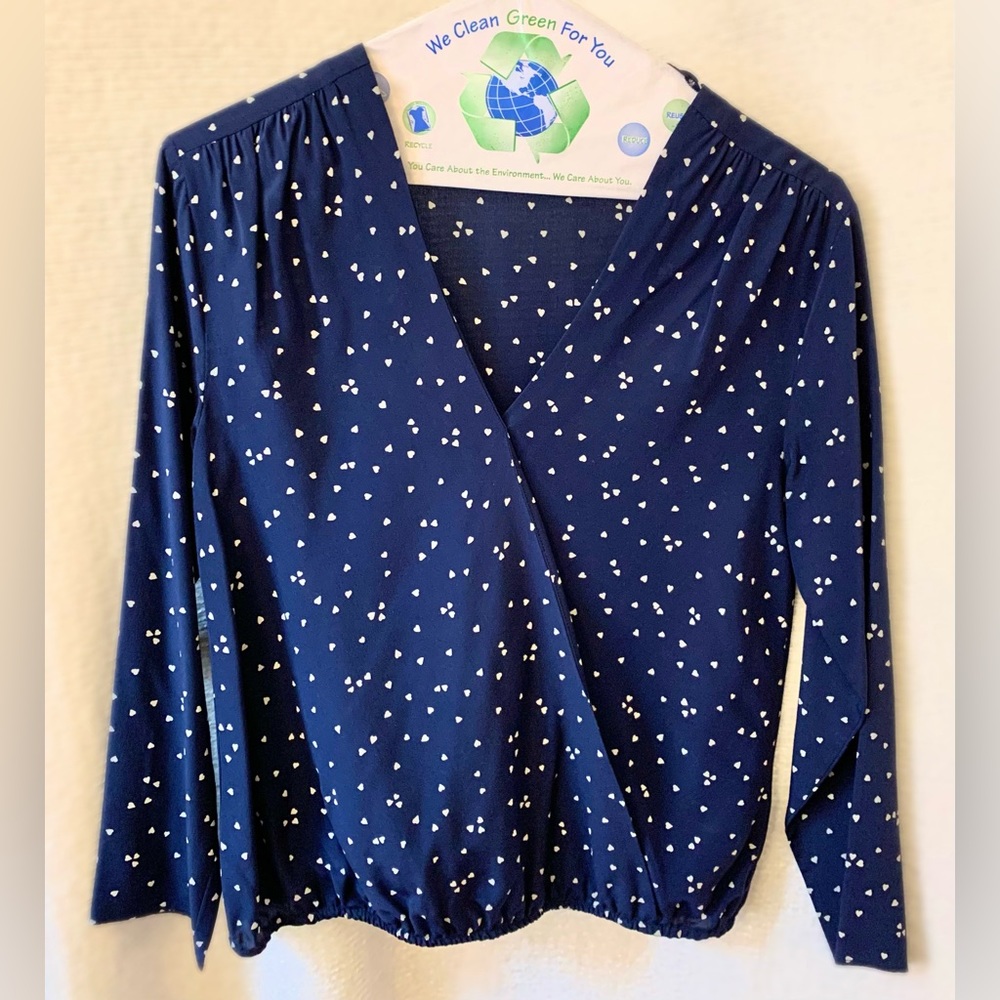 Madewell Blue 100% Silk Heart Print Faux Wrap Blouse Women’s XS